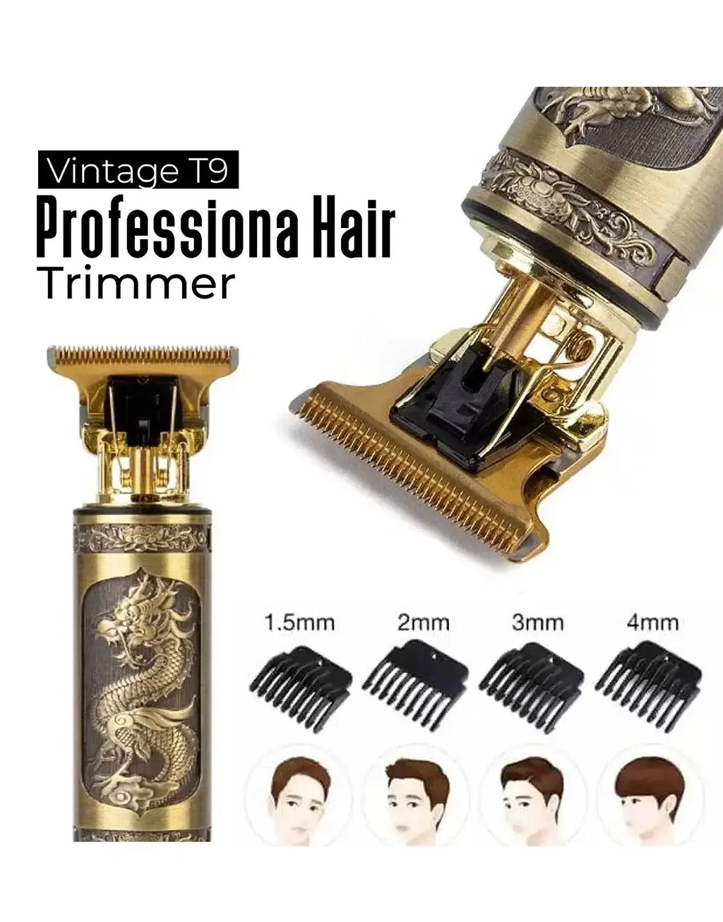 Professional T9 Vintage Hair Trimmer – Zero Gapped Beard & Hair Clipper (USB Rechargeable, Low Noise)
