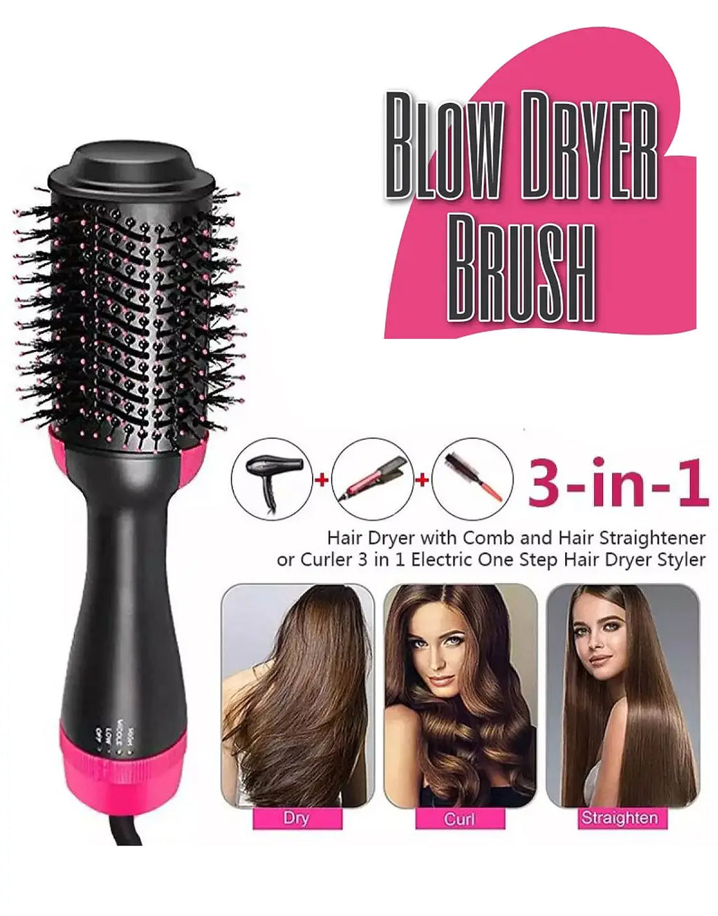 3-in-1 One Step Hair Dryer & Styler Brush – Volumizer, Straightener & Curler for Women