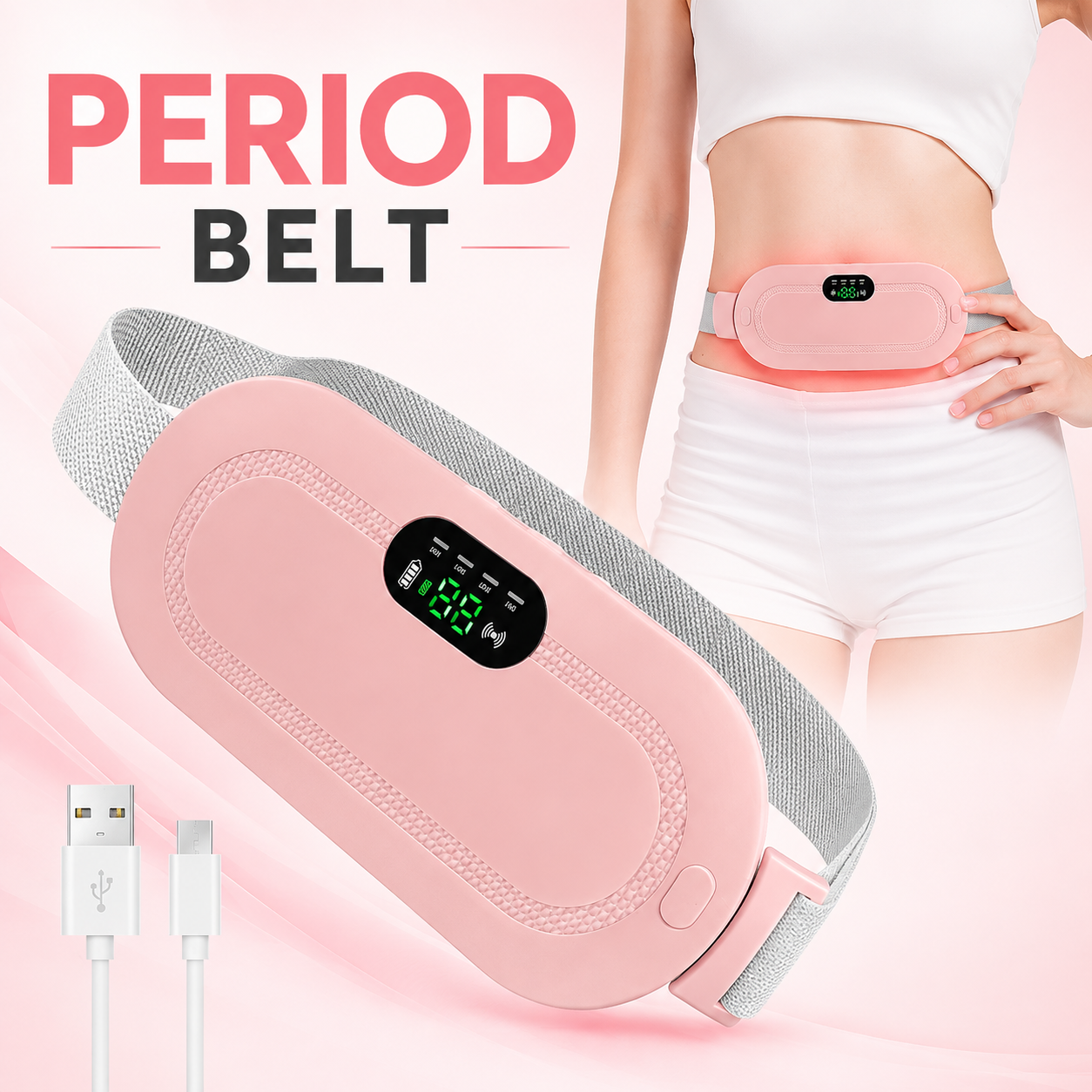 Period Cramp Relief Heating Belt – Portable Menstrual Pain Relief Massager with 4 Heat Levels & 3 Modes