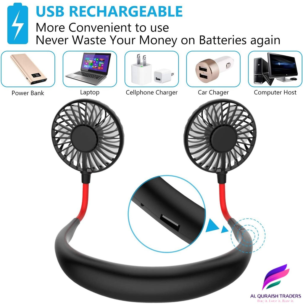 Portable Hanging Neck Fan – USB Rechargeable Bladeless Wearable Mini Fan with 360° Cooling (3-Speed, Quiet Design)