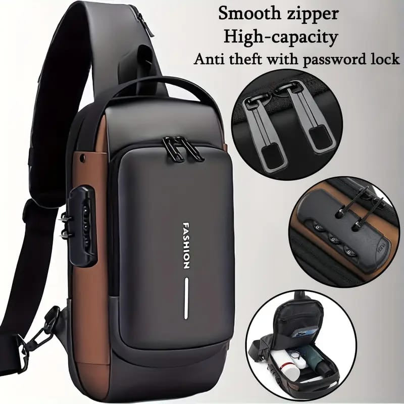 7 Zipper Anti-Theft Crossbody Bag for Men – Waterproof Hard Shell Sling Bag with Password Lock & USB Charging Port