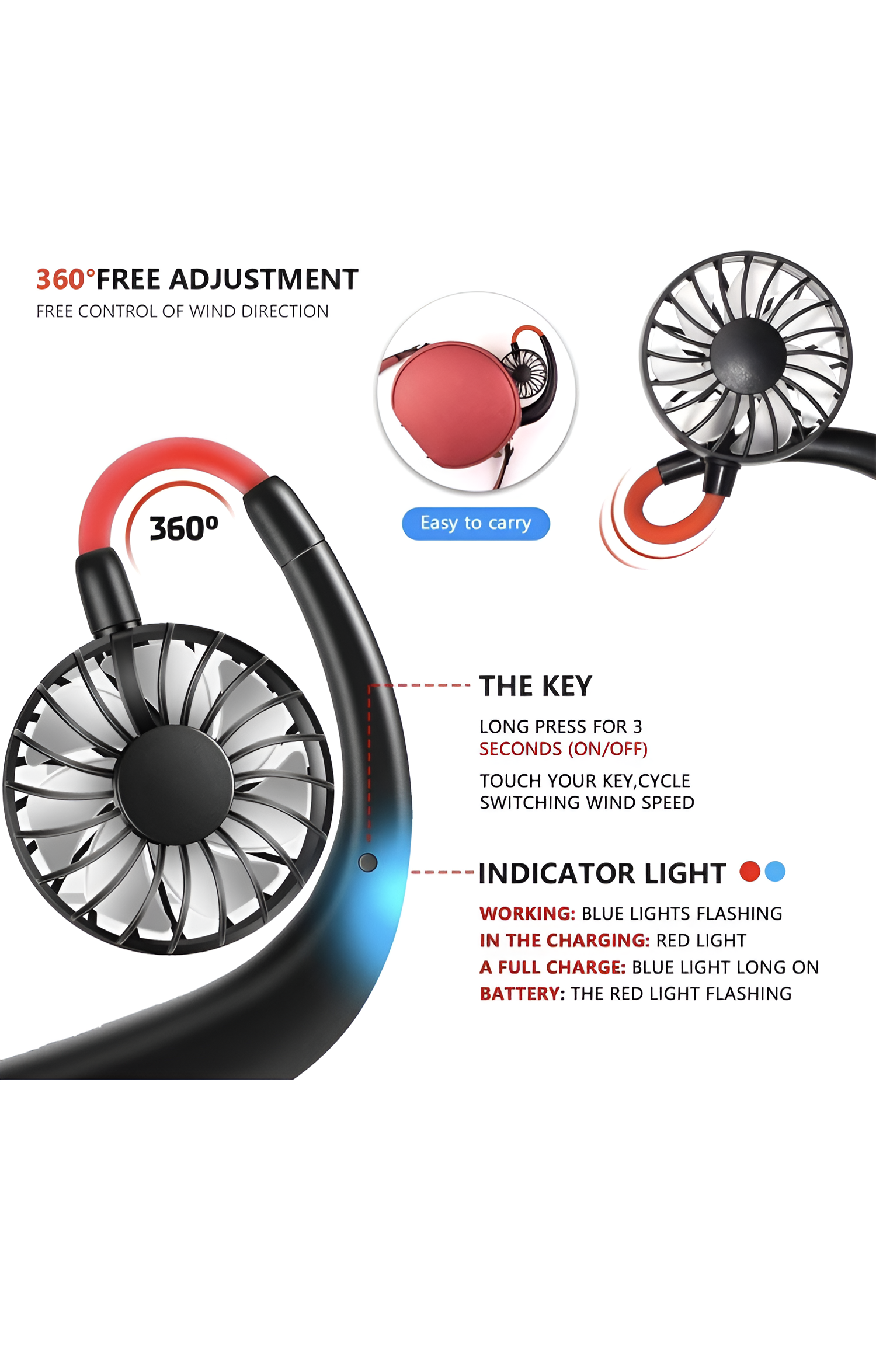 Portable Hanging Neck Fan – USB Rechargeable Bladeless Wearable Mini Fan with 360° Cooling (3-Speed, Quiet Design)