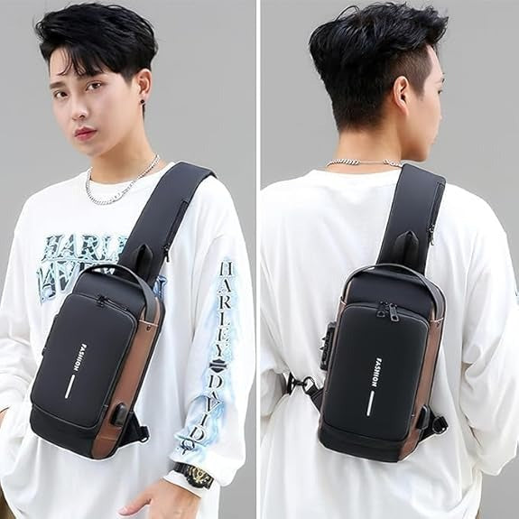 7 Zipper Anti-Theft Crossbody Bag for Men – Waterproof Hard Shell Sling Bag with Password Lock & USB Charging Port