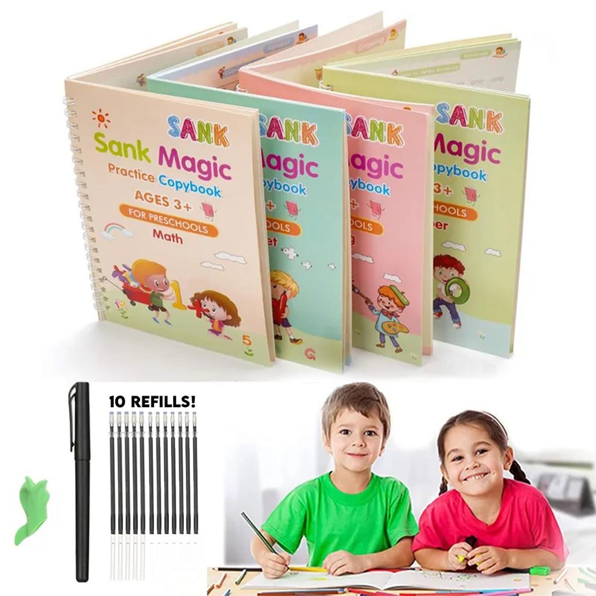 Magic Practice Copybook Set for Kids – Reusable Writing Book with Pen & Refills (Alphabet, Numbers, Math & Drawing)