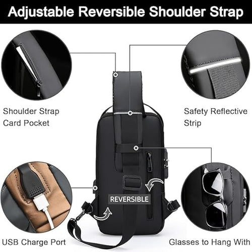 7 Zipper Anti-Theft Crossbody Bag for Men – Waterproof Hard Shell Sling Bag with Password Lock & USB Charging Port