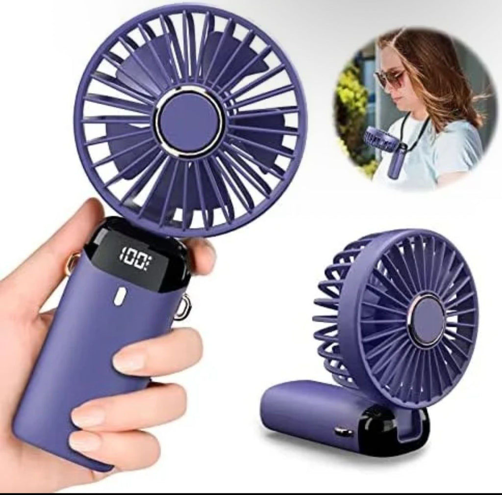 Portable USB Mini Handheld Fan – Foldable Rechargeable Neck Fan with Display & Phone Stand (5-Speed Adjustable)