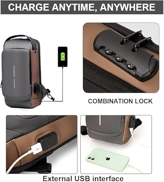 7 Zipper Anti-Theft Crossbody Bag for Men – Waterproof Hard Shell Sling Bag with Password Lock & USB Charging Port