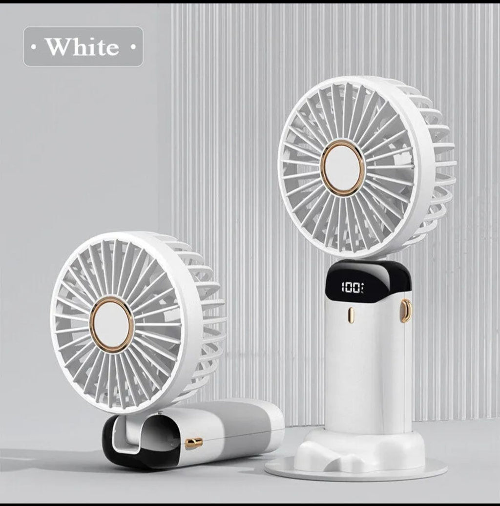 Portable USB Mini Handheld Fan – Foldable Rechargeable Neck Fan with Display & Phone Stand (5-Speed Adjustable)