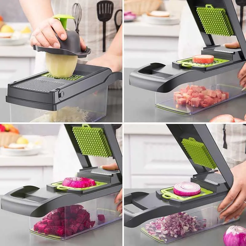16-in-1 Multifunction Vegetable Chopper & Slicer – Stainless Steel Blades Kitchen Cutter with Basket (BPA Free)
