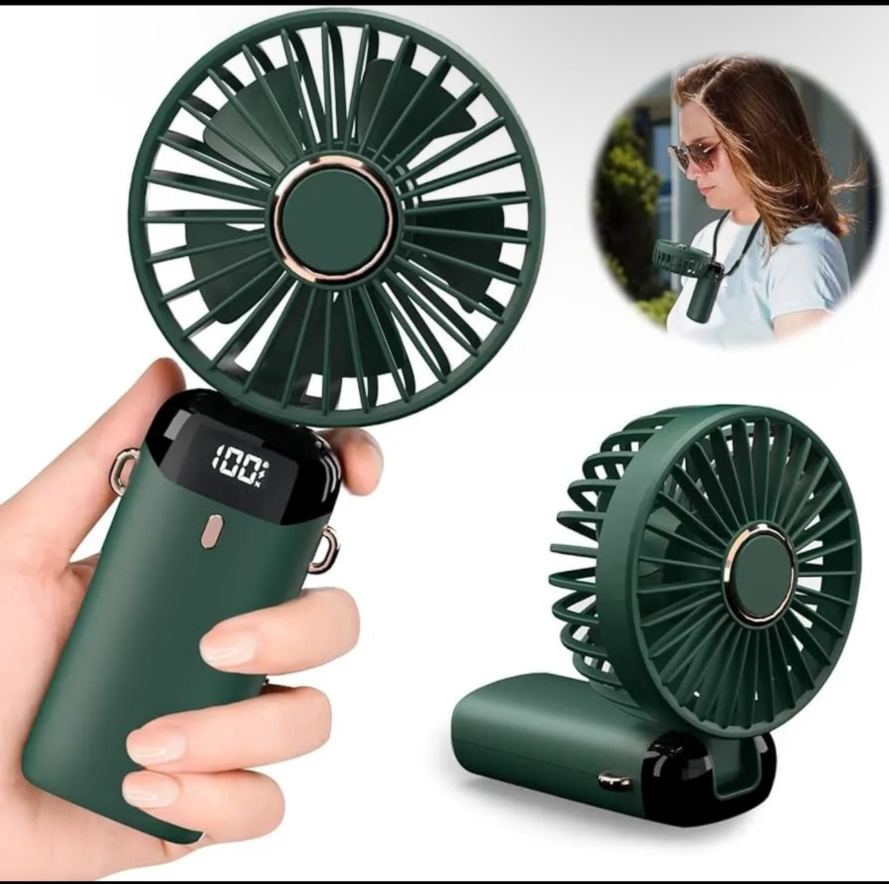 Portable USB Mini Handheld Fan – Foldable Rechargeable Neck Fan with Display & Phone Stand (5-Speed Adjustable)