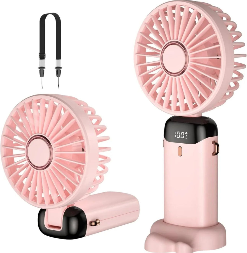 Portable USB Mini Handheld Fan – Foldable Rechargeable Neck Fan with Display & Phone Stand (5-Speed Adjustable)