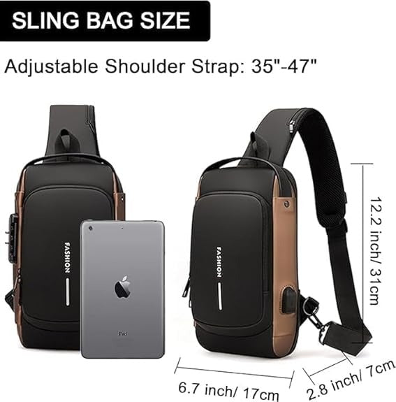7 Zipper Anti-Theft Crossbody Bag for Men – Waterproof Hard Shell Sling Bag with Password Lock & USB Charging Port