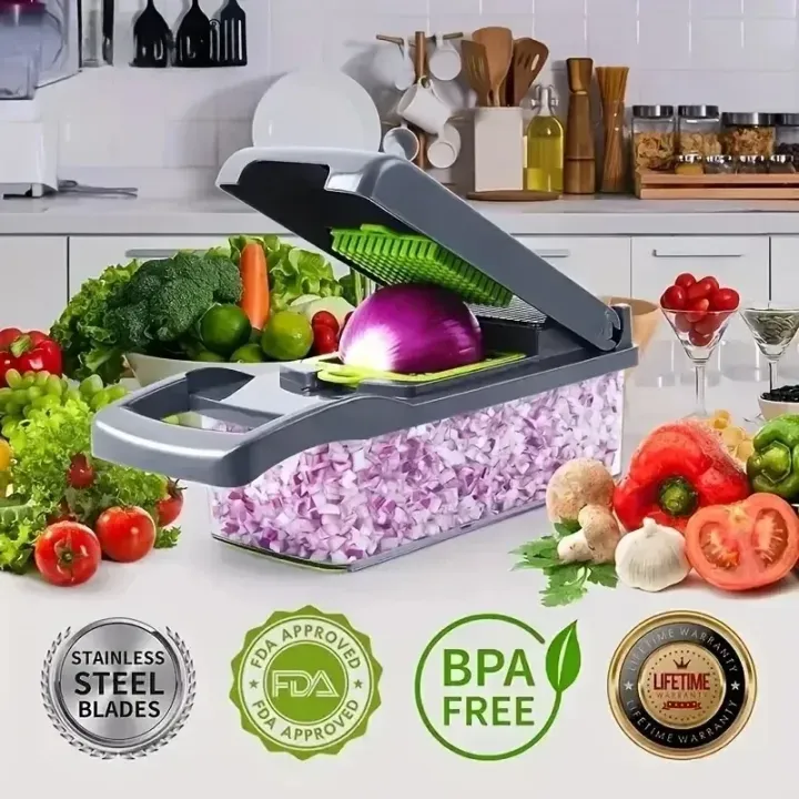 16-in-1 Multifunction Vegetable Chopper & Slicer – Stainless Steel Blades Kitchen Cutter with Basket (BPA Free)