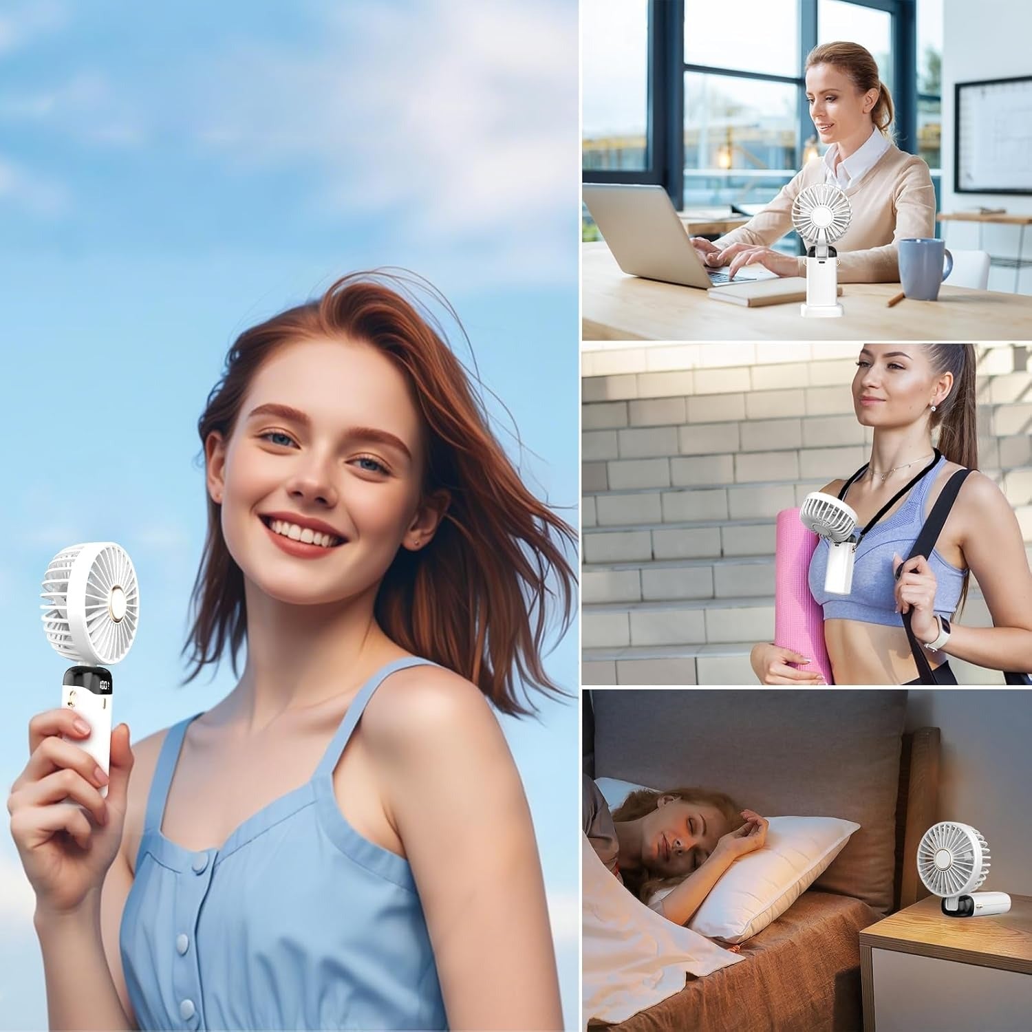 Portable USB Mini Handheld Fan – Foldable Rechargeable Neck Fan with Display & Phone Stand (5-Speed Adjustable)