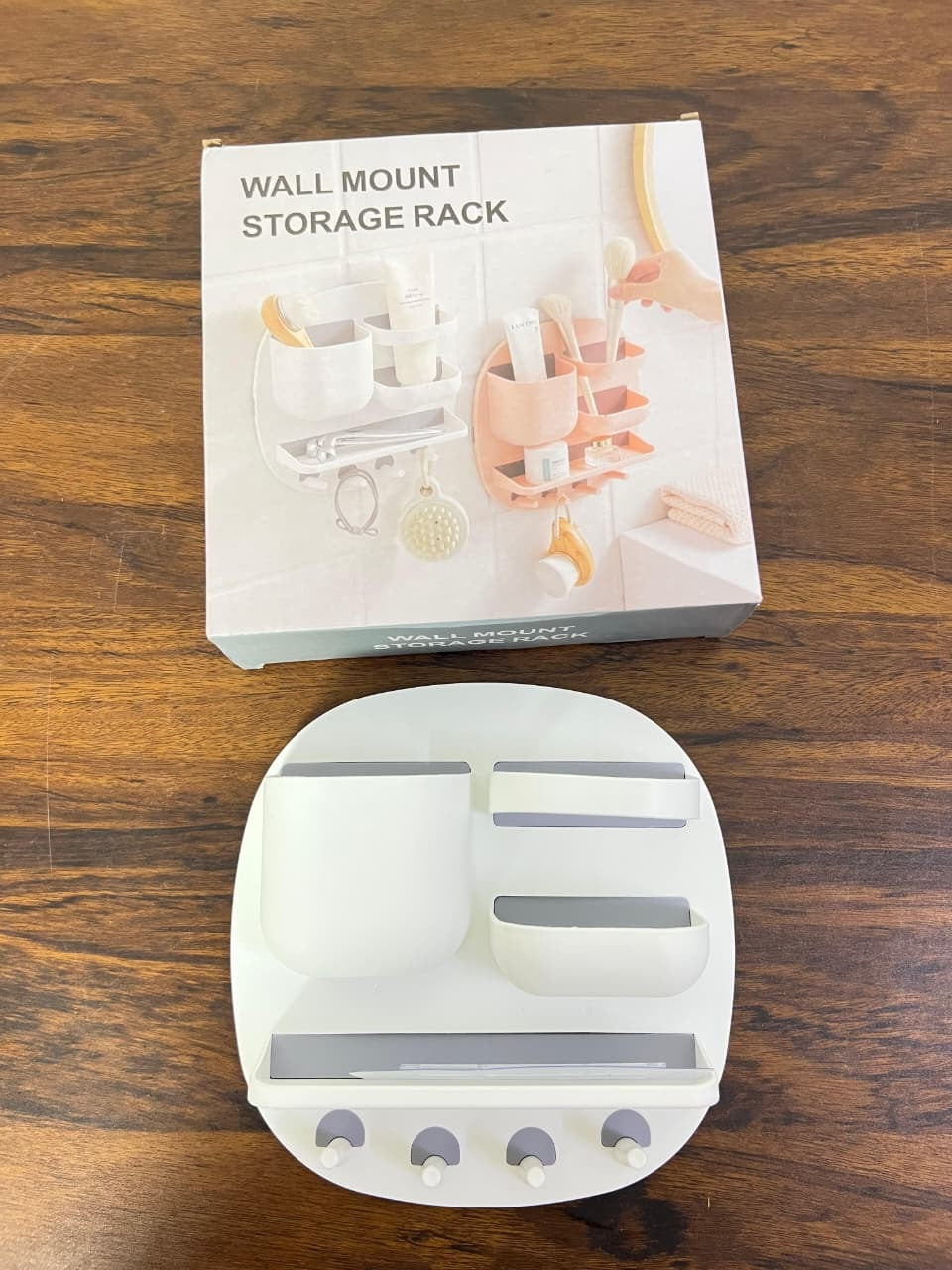 Wall Mounted Bathroom Organizer Shelf with Hooks – Floating Storage Rack (No Drill)