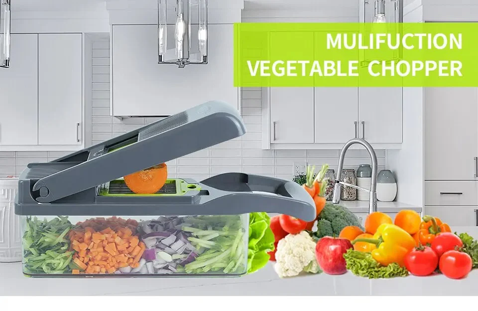 16-in-1 Multifunction Vegetable Chopper & Slicer – Stainless Steel Blades Kitchen Cutter with Basket (BPA Free)