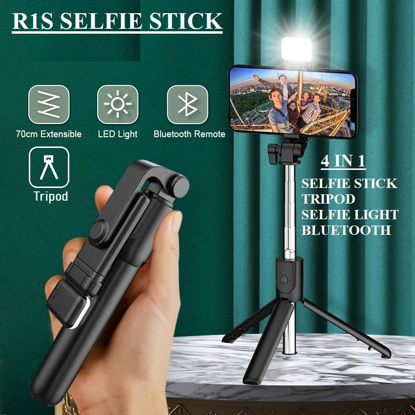 4-in-1 Selfie Stick Tripod with Bluetooth Remote & LED Light – Adjustable Height R1 Series