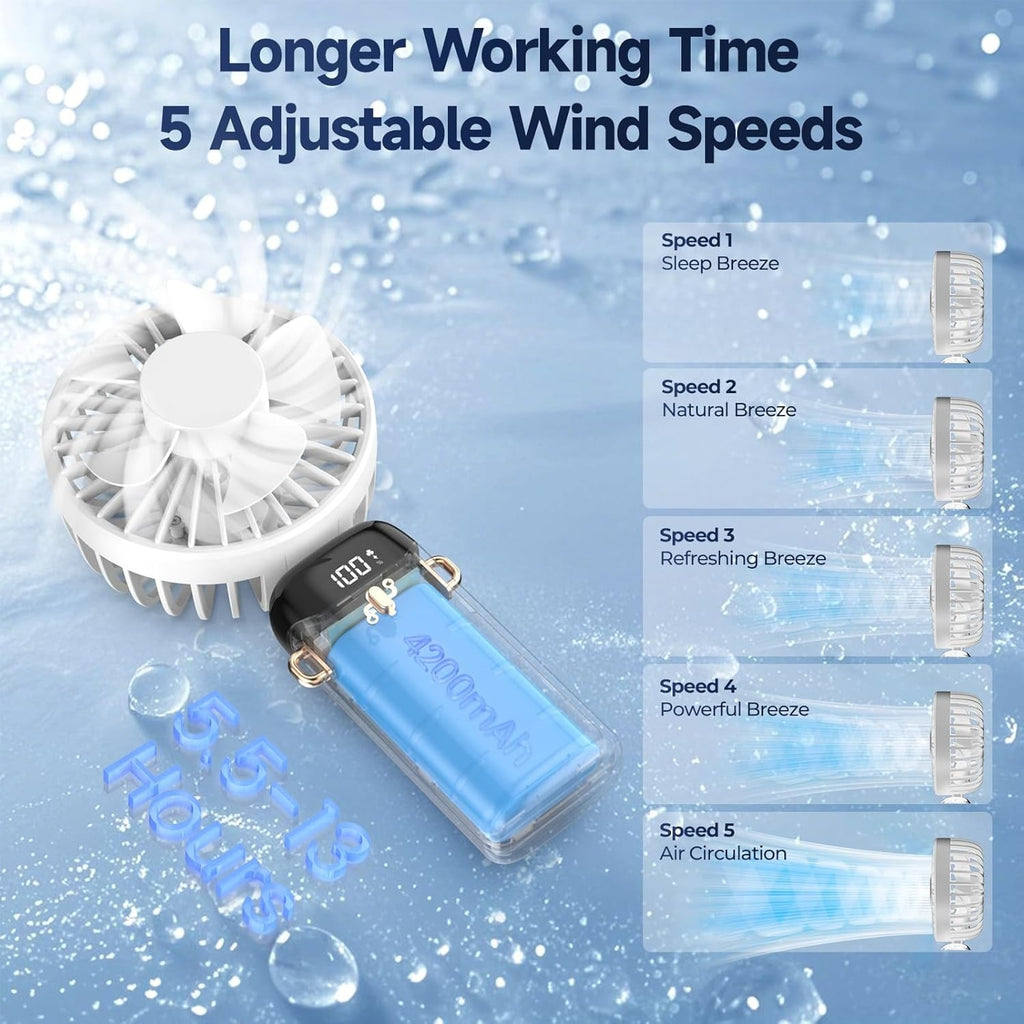 Portable USB Mini Handheld Fan – Foldable Rechargeable Neck Fan with Display & Phone Stand (5-Speed Adjustable)