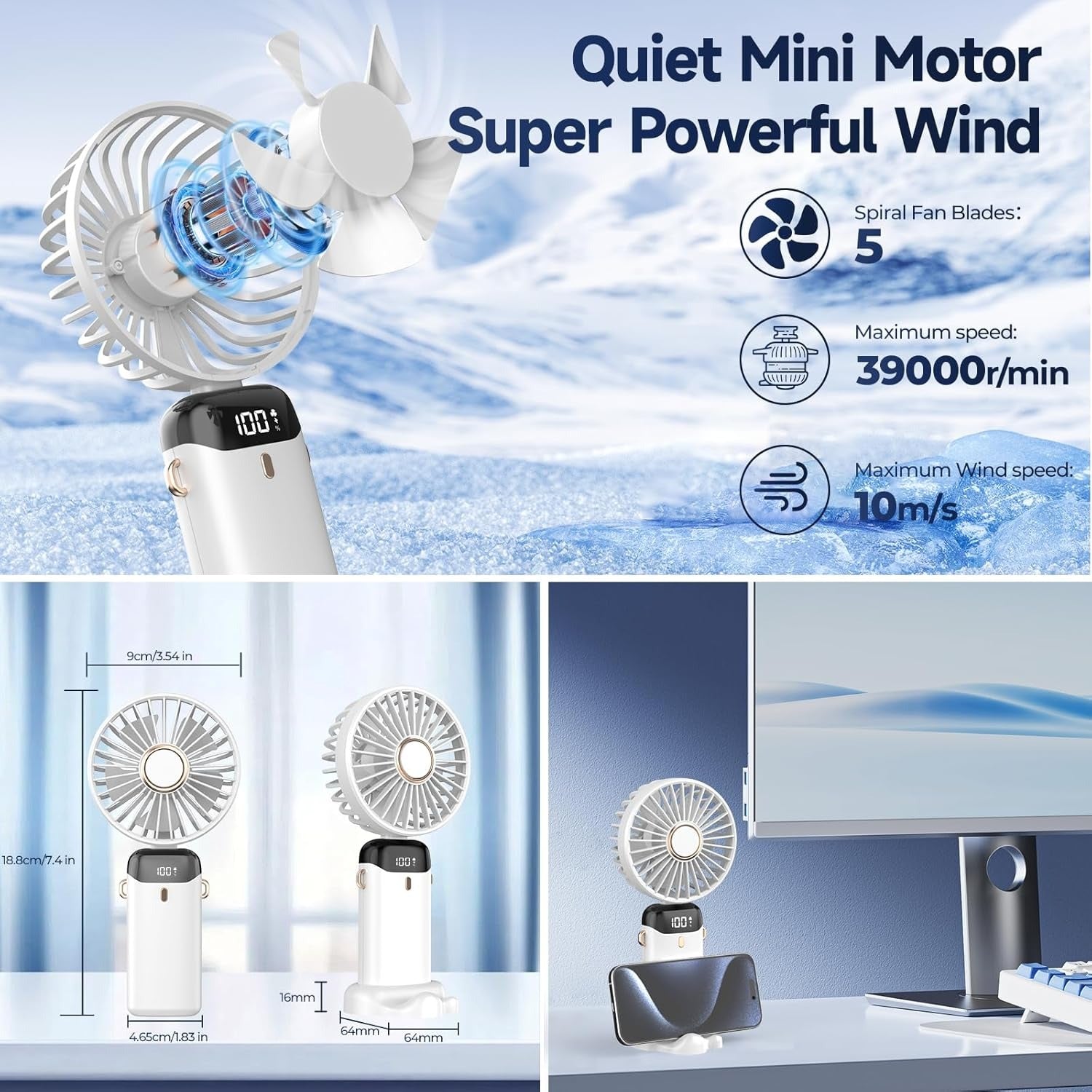 Portable USB Mini Handheld Fan – Foldable Rechargeable Neck Fan with Display & Phone Stand (5-Speed Adjustable)