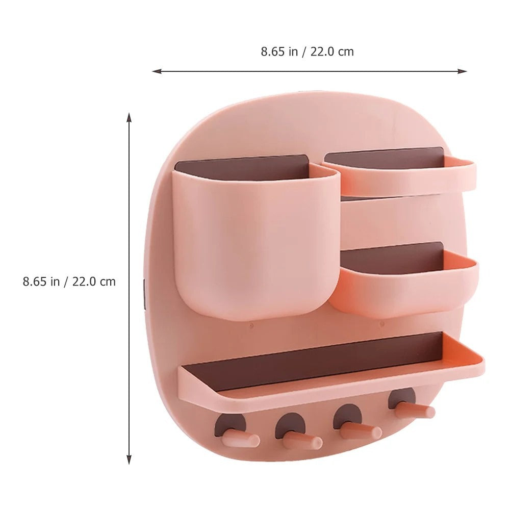 Wall Mounted Bathroom Organizer Shelf with Hooks – Floating Storage Rack (No Drill)