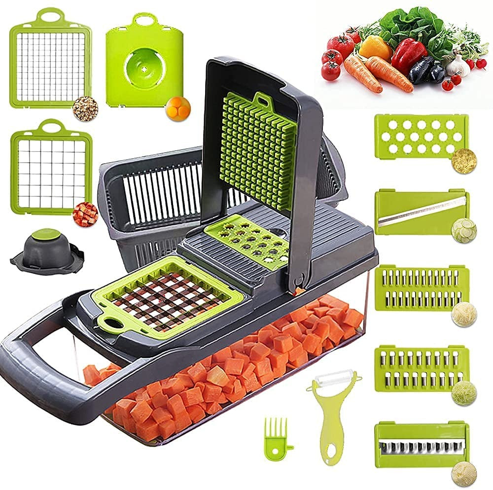 16-in-1 Multifunction Vegetable Chopper & Slicer – Stainless Steel Blades Kitchen Cutter with Basket (BPA Free)