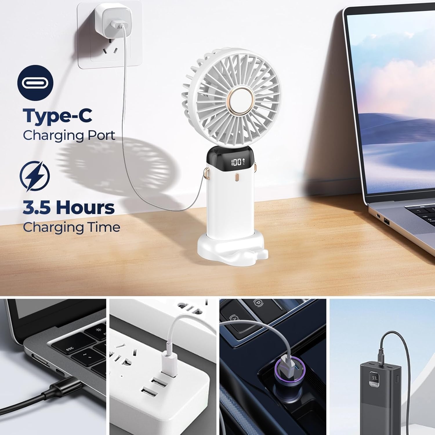 Portable USB Mini Handheld Fan – Foldable Rechargeable Neck Fan with Display & Phone Stand (5-Speed Adjustable)