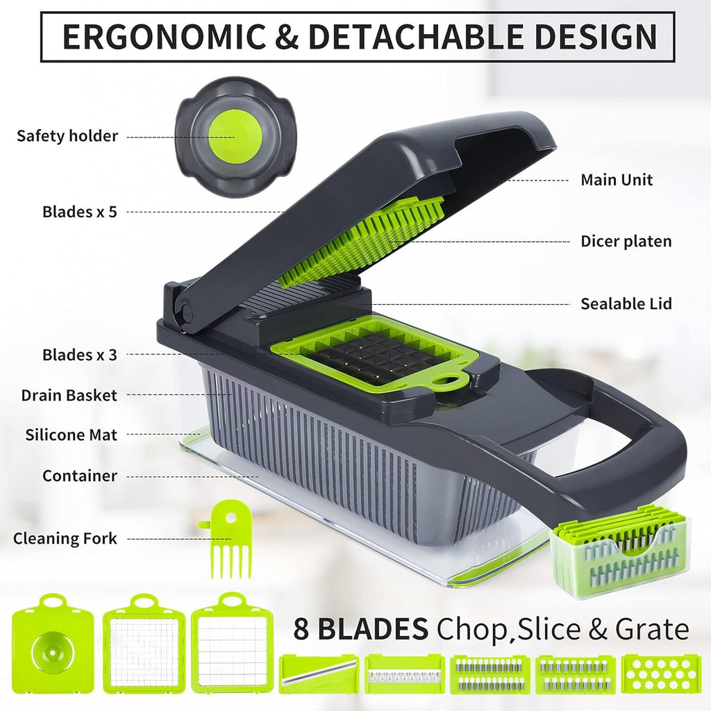 16-in-1 Multifunction Vegetable Chopper & Slicer – Stainless Steel Blades Kitchen Cutter with Basket (BPA Free)