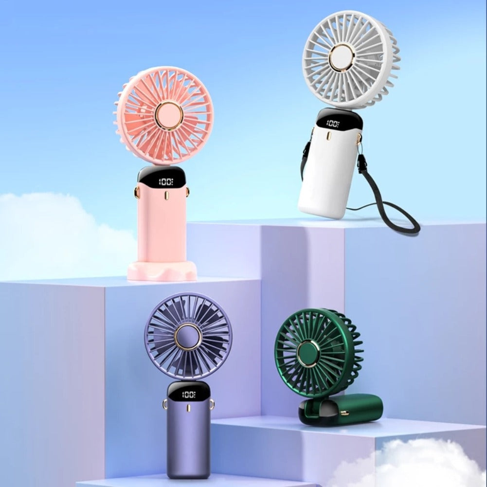 Portable USB Mini Handheld Fan – Foldable Rechargeable Neck Fan with Display & Phone Stand (5-Speed Adjustable)