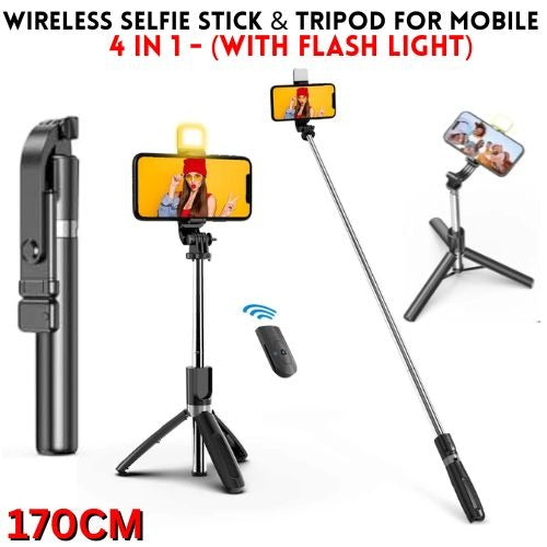 4-in-1 Selfie Stick Tripod with Bluetooth Remote & LED Light – Adjustable Height R1 Series